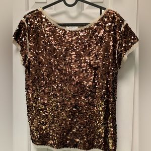 Cap Sleeve bronze sequined lined Loft top. Sz Sm, but stretchy, fits medium me.